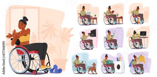 Disabled Woman In Wheelchair Tackles Household Chores. Female Character Shopping, Walking With Dog, Reading