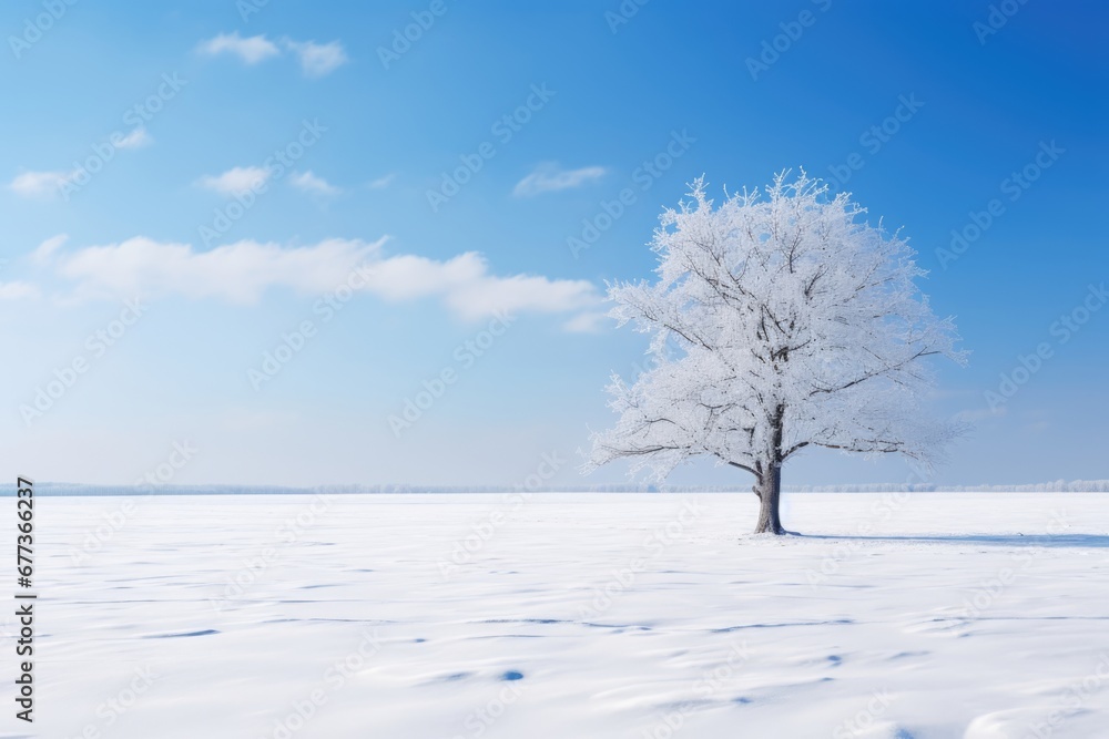 Fototapeta premium A lonely winter tree covered by heavy snow. Winter seasonal concept.