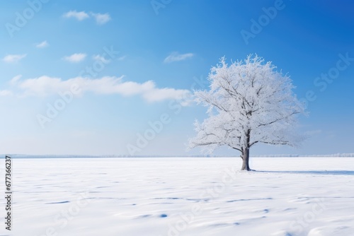 A lonely winter tree covered by heavy snow. Winter seasonal concept.