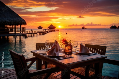 Luxury dinner on table waiting for guest at sunset in luxury vacation resort at beach. Summer tropical vacation concept. © rabbit75_fot