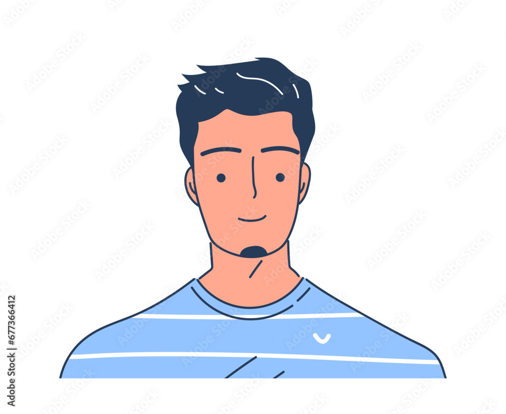 Doodle profile photo concept. Young man in blue tshirt. Avatar for social networks and messengers. Communication and interaction online. Cartoon flat vector illustration isolated on white background