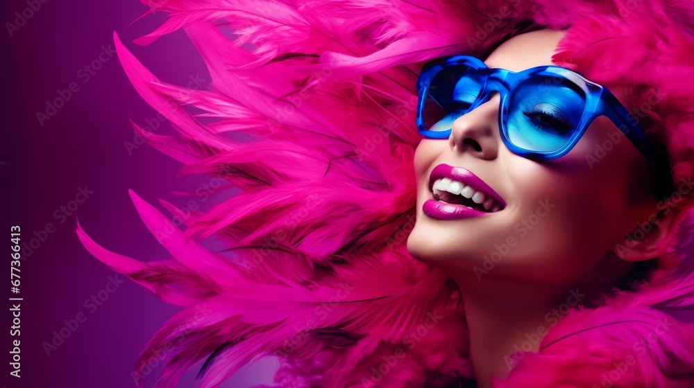 Close up portrait of a beautiful smiling, laughing woman with fuchsia pink feathers, carnival mask or costume and sunglasses. Vivid, bold colors. Concept of fashion photography, glamour or sensuality Close up portrait of a beautiful smiling, laughing woman with fuchsia pink feathers, carnival mask or costume and sunglasses. Vivid, bold colors. Concept of fashion photography, glamour or sensuality