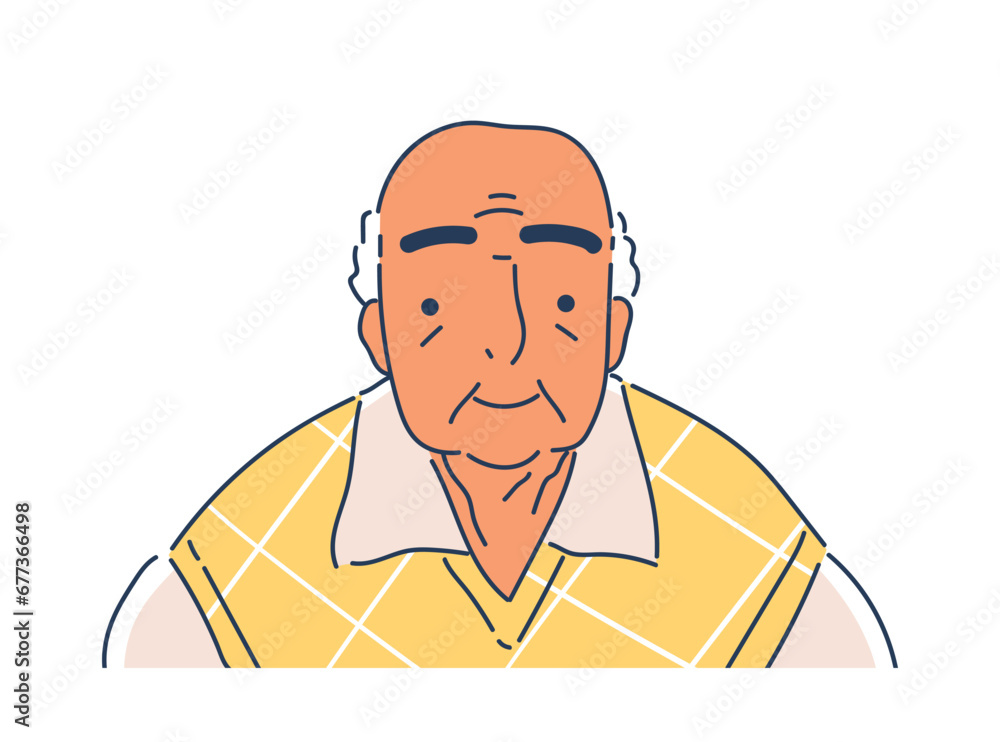 Doodle profile photo concept. Old man in yellow sweater. Avatar for social networks and messengers. Graphic element for website. Cartoon flat vector illustration isolated on white background