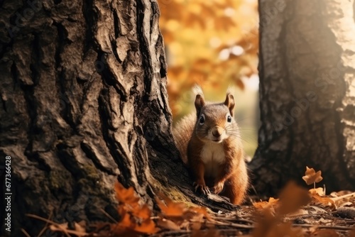 Close-up view of a squirrel in forest in Autumn with beautiful foliage. © rabbit75_fot