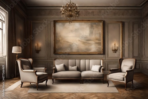 An atmospheric portrayal of a Canvas Frame for a mockup in an old styled drawing room  where plush armchairs invite visitors for heartwarming conversations.
