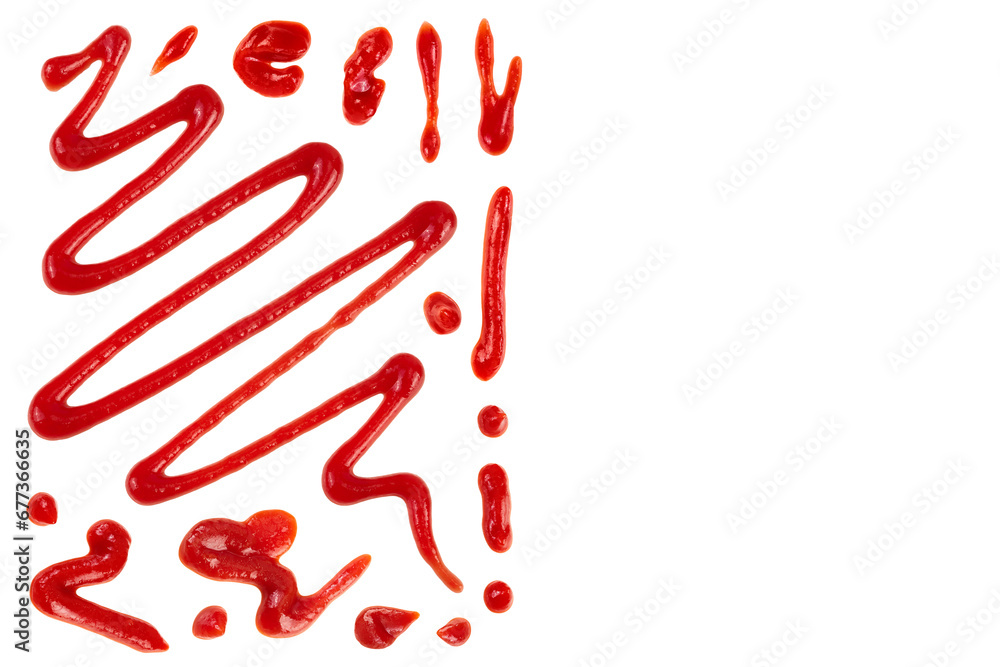 Red tomato sauce or ketchup isolated on white background . Top view with copy space for your text. Flat lay Red tomato sauce or ketchup isolated on white background . Top view with copy space for your text. Flat lay