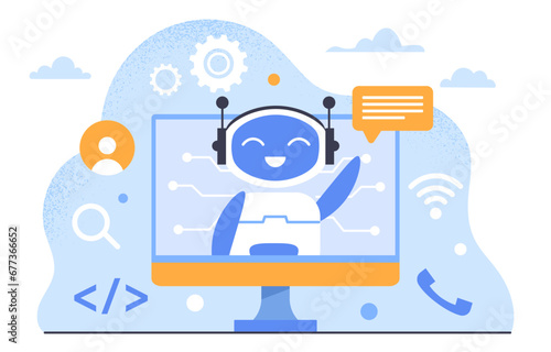 Ai powered content concept. Chat bot at computer screen. Artificial intelligence and machine learning. Article for website and social networks. Poster or banner. Cartoon flat vector illustration