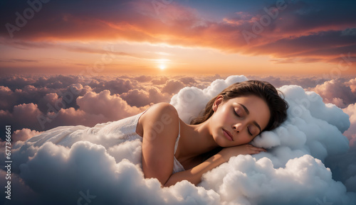 Dreamy Serenity: A Beautiful Woman Sleeping on a Cloud Above a Tranquil Landscape at Sunset. photo
