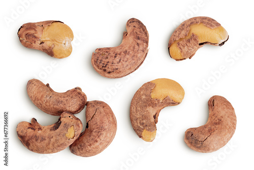cashew nuts heap with shell isolated on white background. Top view. Flat lay
