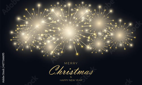 Merry christmas and happy new year festive background with fireworks and sparkle celebration lights. Vector illustration