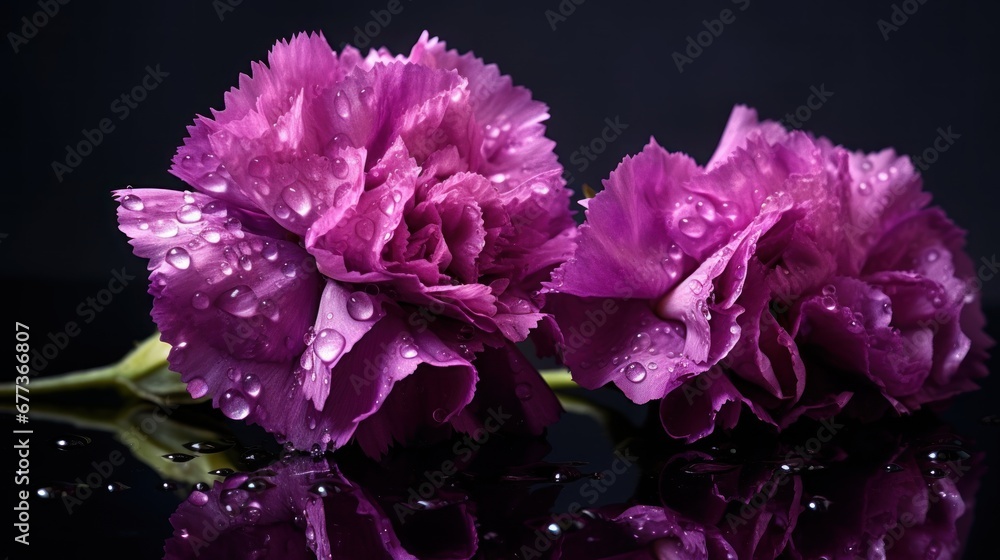 Beautiful purple carnation flowers with water drops on black background. Springtime  concept with a space for a text. Valentine day concept with a copy space.
