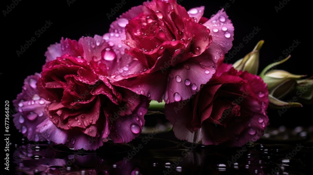 Beautiful pink carnation flowers with water drops on a black background