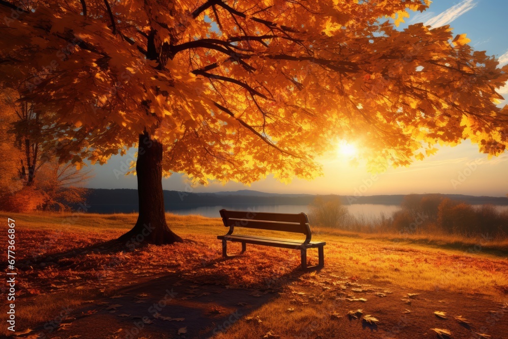 Autumn woods with a park bench and beautiful Fall foliage colors. Autumn seasonal concept.