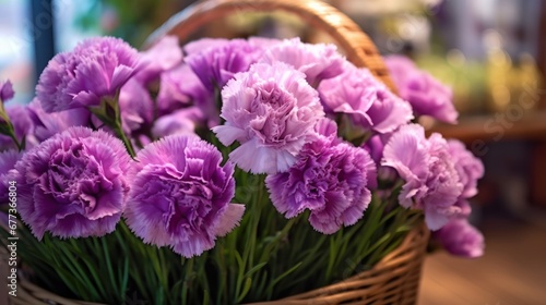 Bouquet of purple carnation flowers in a basket on the table. Marigold. Mother's Day. Valentine day concept with a copy space.
