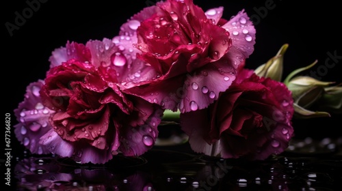 Beautiful pink carnation flowers with water drops on a black background