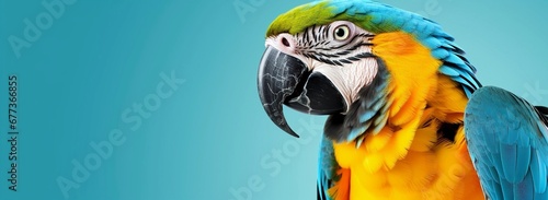 Blue and yellow macaw ara, A close-up photo of a vibrant macaw, its beak closed, feathers ruffled slightly