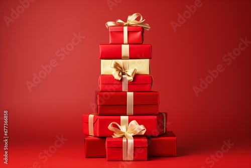 A Tall Stack of Christmas Gifts on a Red Background