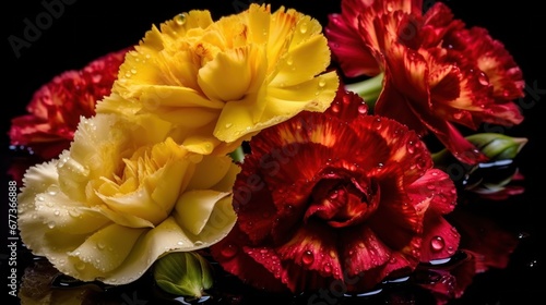 Bouquet of red and yellow carnation on a black background. Beautiful Carnation Flowers. Marigold. Mother's Day. Valentine day concept with a copy space.