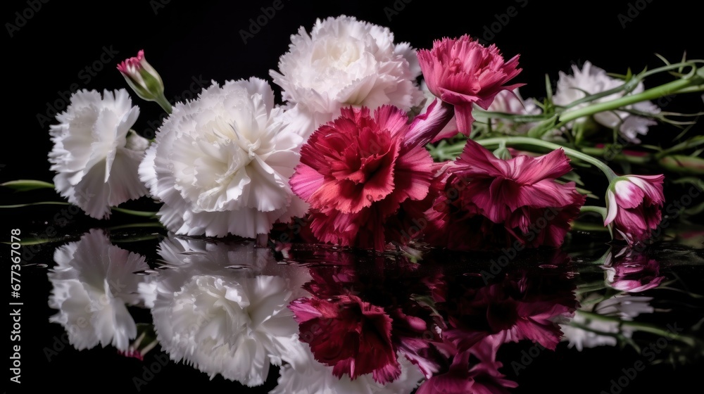 Bouquet of carnation flowers on a black background with reflection. Marigold. Mother's Day. Valentine day concept with a copy space.