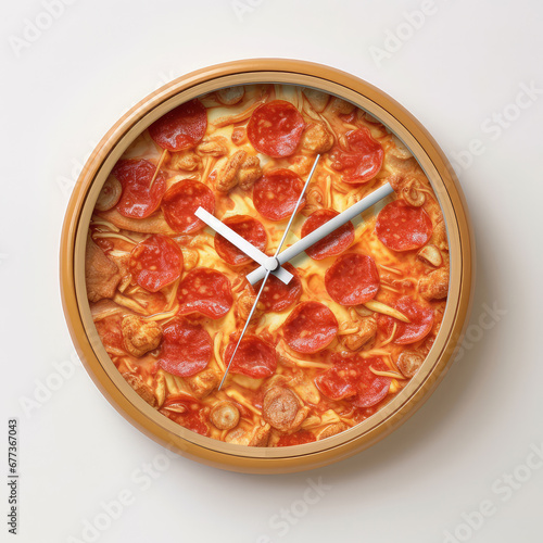 Pizza time concept. Top view on clock with hands made from big pepperoni pizza on white background. Sausage, cheese, fresh baked flatbread photo