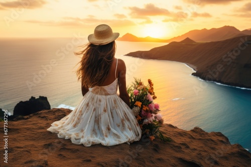 Lovely graceful lady sit by beach with a wedding floral boutique at sunset with beautiful seascape. Summer tropical vacation concept.