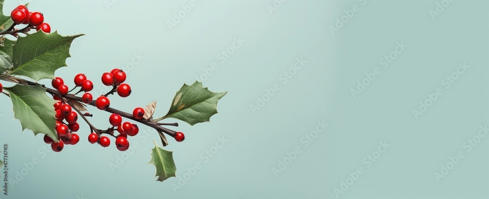 Christmas background with holly berries, Christmas branches with red berries, classic green holly branch with red berries