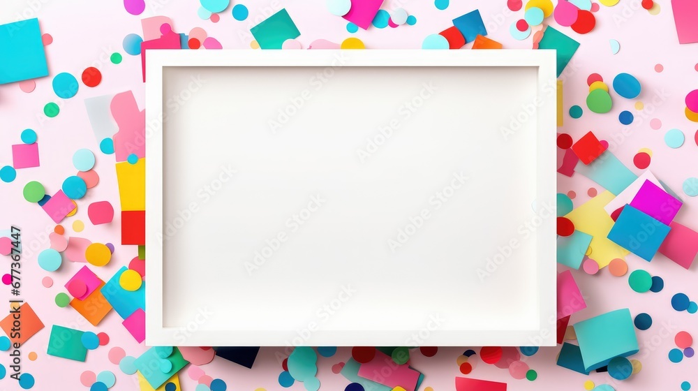 Fototapeta premium Eye-catching frame of vibrant geometric shapes with generous white space, an ideal template for graphic resources, invites, and creative designs.