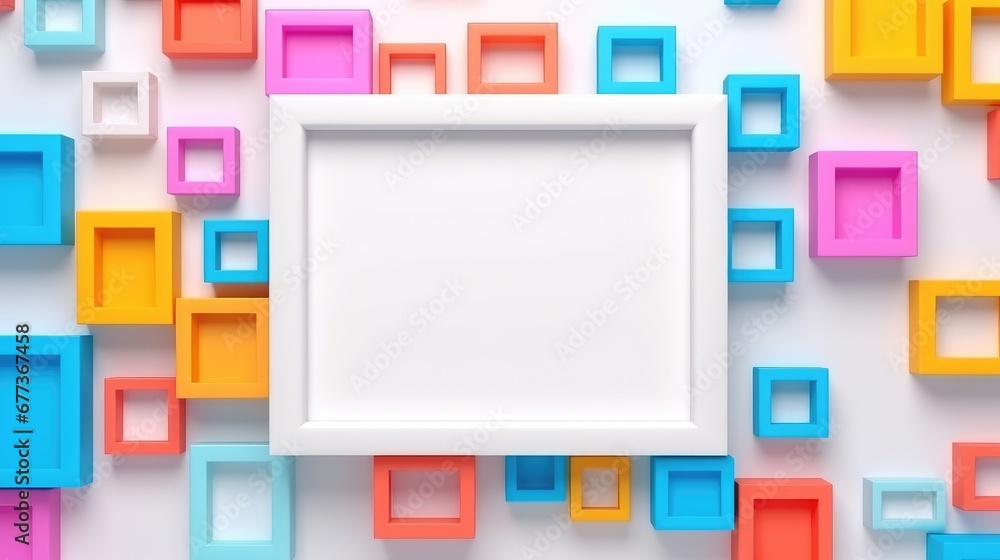 Eye-catching frame of vibrant geometric shapes with generous white space, an ideal template for graphic resources, invites, and creative designs. Eye-catching frame of vibrant geometric shapes with generous white space, an ideal template for graphic resources, invites, and creative designs.