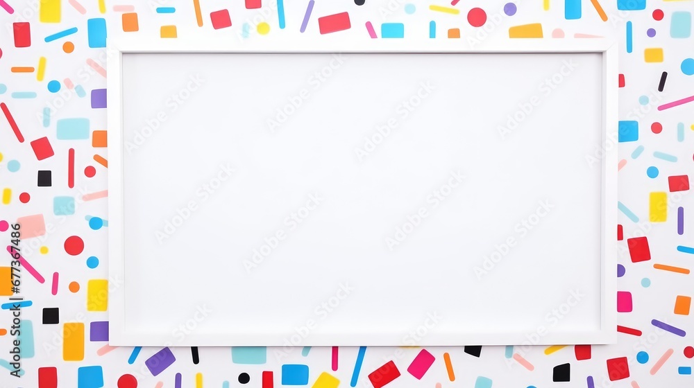 Eye-catching frame of vibrant geometric shapes with generous white space, an ideal template for graphic resources, invites, and creative designs. Eye-catching frame of vibrant geometric shapes with generous white space, an ideal template for graphic resources, invites, and creative designs.