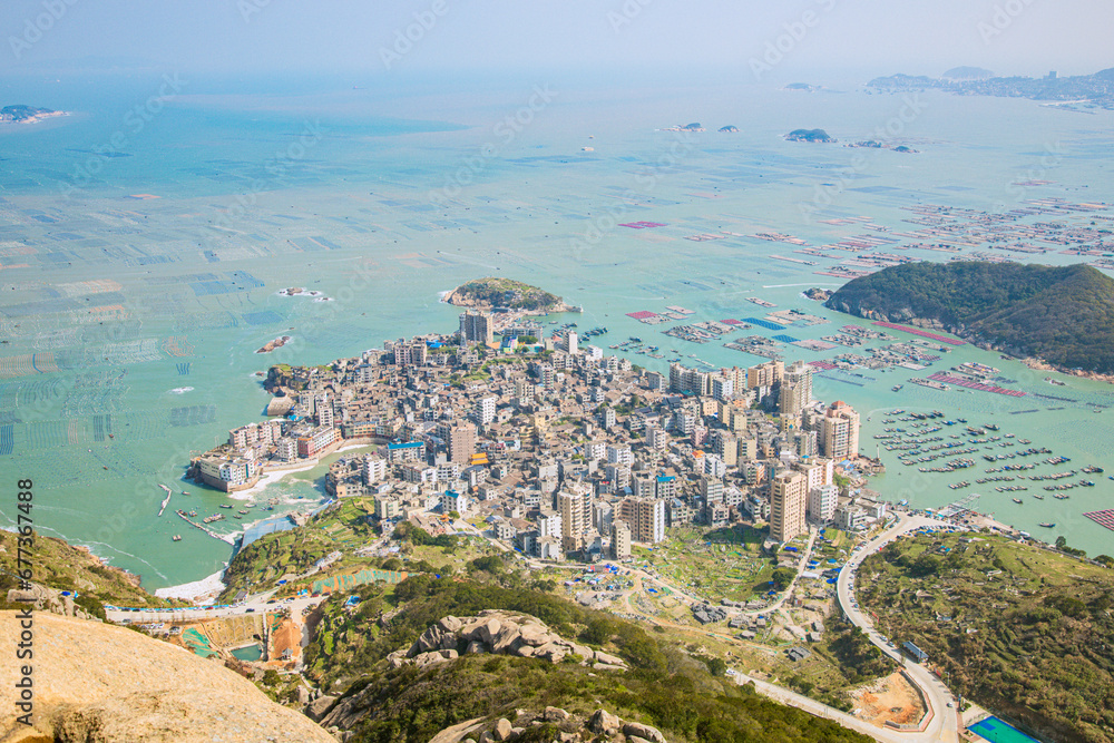 Fototapeta premium Flag crown in Lianjiang County, Fuzhou City, Fujian Province - high angle view of the seaside city