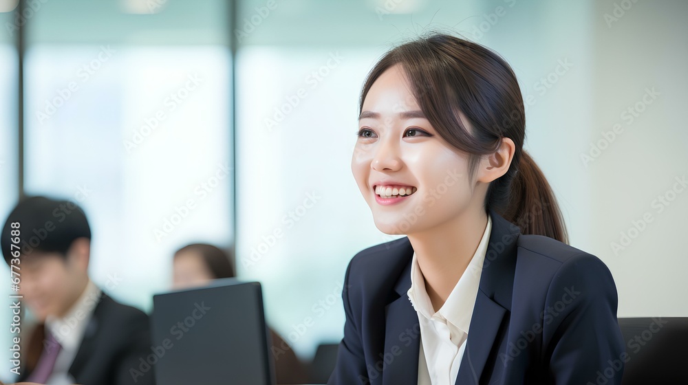 Young happy korean business woman worker or student sitting at meeting table listening attentively at work office meeting, education training class or conference event. generative AI Young happy korean business woman worker or student sitting at meeting table listening attentively at work office meeting, education training class or conference event. generative AI