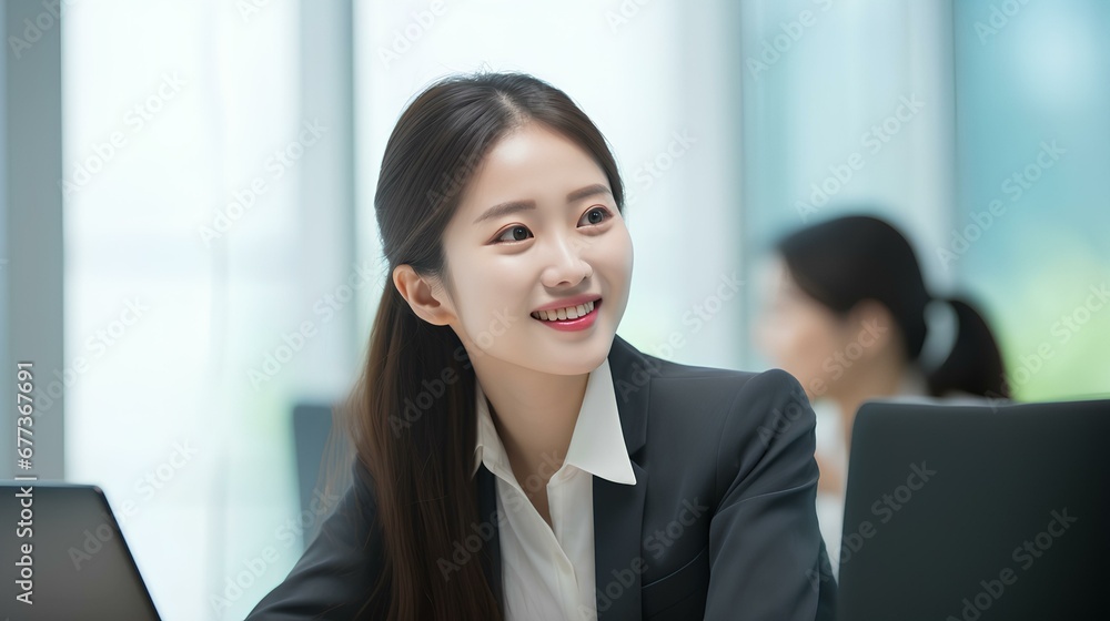 Young happy korean business woman worker or student sitting at meeting table listening attentively at work office meeting, education training class or conference event. generative AI Young happy korean business woman worker or student sitting at meeting table listening attentively at work office meeting, education training class or conference event. generative AI