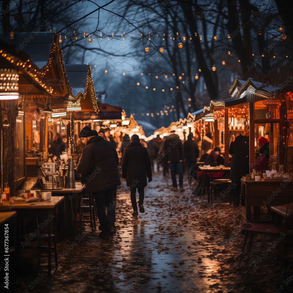A Christmas market sprawls beneath a sea of twinkling lights. Colorful string lights adorn the stalls, while glowing lanterns create a warm ambiance. 