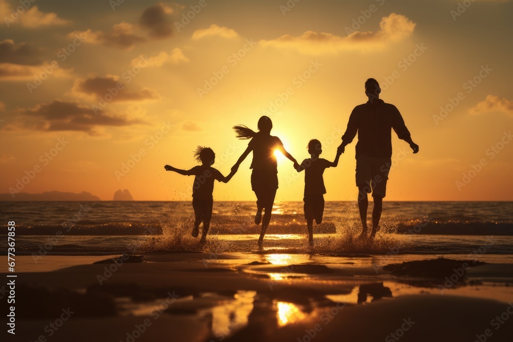 Fototapeta premium A happy family enjoy beach life at sunset. Summer tropical vacation concept.