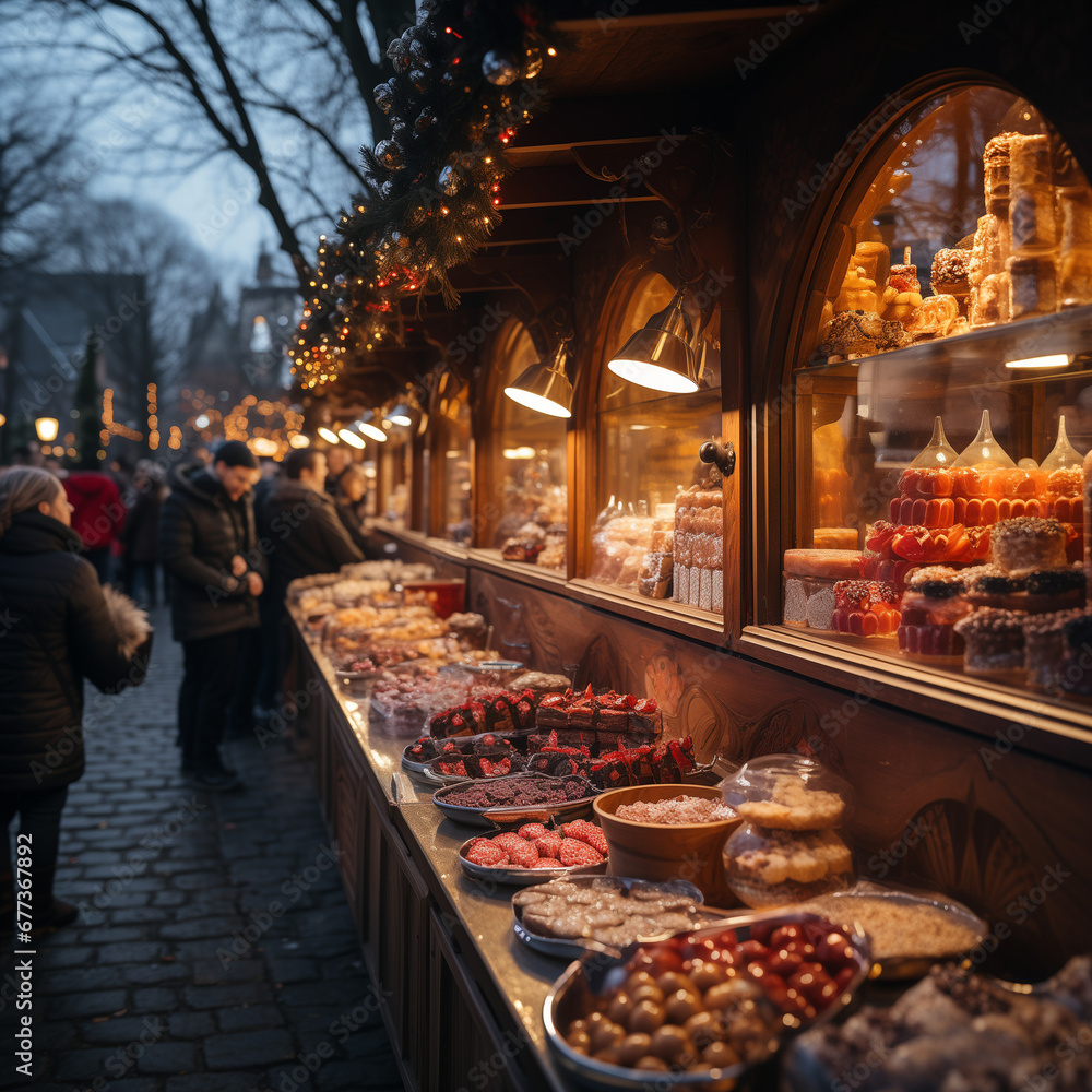 A stall at the Christmas market tempts with enticing treats. The gingerbread house is adorned with colorful candies, and the scent of roasted almonds and mulled wine fills the air. 