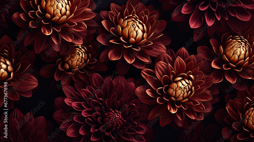 A pattern of golden chrysanthemums on a deep burgundy background. Gorgeous wallpaper texture.