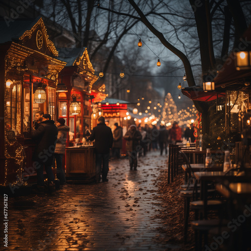 A Christmas market sprawls beneath a sea of twinkling lights. Colorful string lights adorn the stalls, while glowing lanterns create a warm ambiance