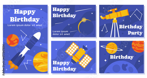 Birthday astrology posters set. Galaxy and universe. Holiday and festival, annual event. Flyer and booklet. Rocket and satellite. Cartoon flat vector collection isolated on white background
