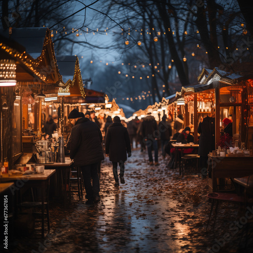 A Christmas market sprawls beneath a sea of twinkling lights. Colorful string lights adorn the stalls, while glowing lanterns create a warm ambiance.  © Wesley