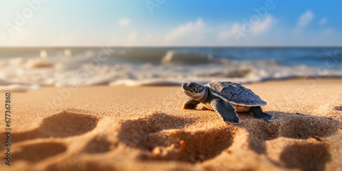 A baby sea turtle on tropical sand beach