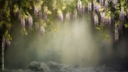 A cascade of wisteria flowers over a muted olive green background. Charming floral background. 