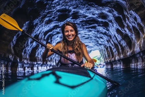 Close-up view of a girl rowing a canoe in cave in sea. Water sports. Summer tropical vacation concept. © rabbit75_fot