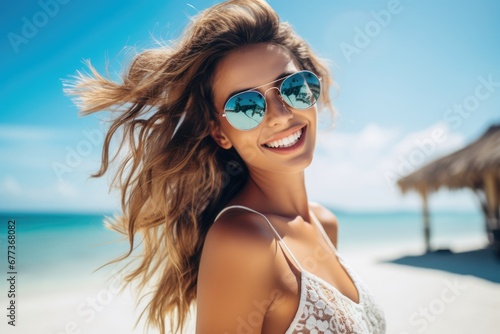 Portrait of a beautiful lady on white sand beach. Summer tropical vacation concept. © rabbit75_fot