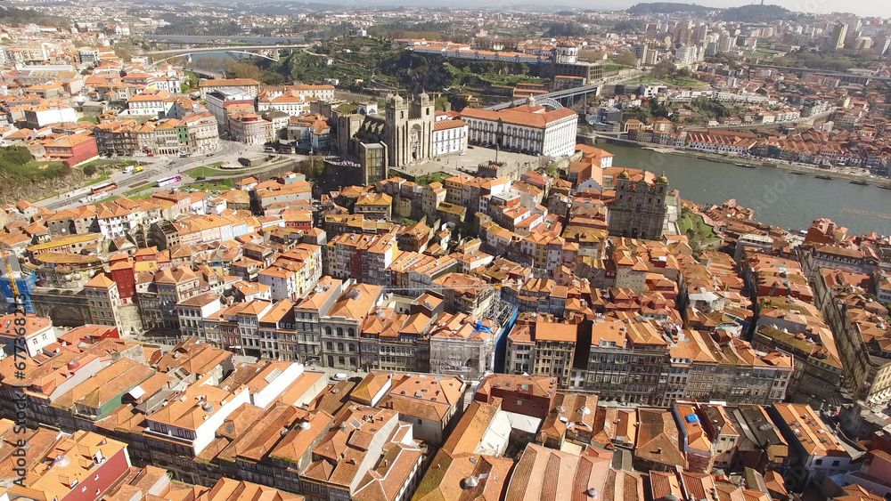 Aerial Photography Historic city of Porto and River Douro in Portugal.  Travel Destination