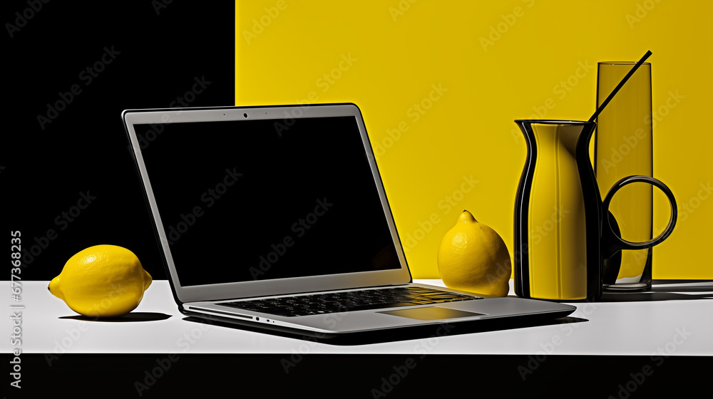 Nature morte minimaliste d'un ordinateur portable sur une table avec des citrons et une cruche en céramique - obrazy, fototapety, plakaty 