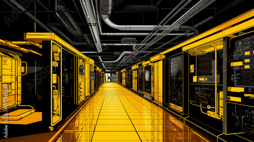 Dessin d'un datacenter (centre informatique) vide, illustration de serveurs de type science-fiction photo