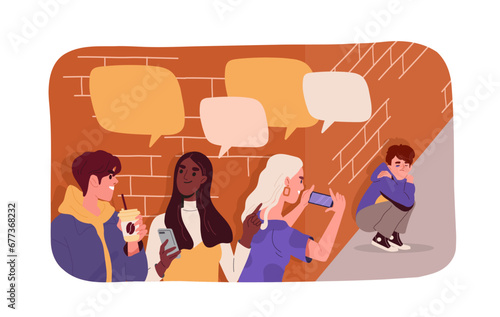 Bullying boy concept. Teenagers bully young guy. Insults and mental abuse. Lonely and sad schooler. Negative emotions and feelings. Cartoon flat vector illustration isolated on white background