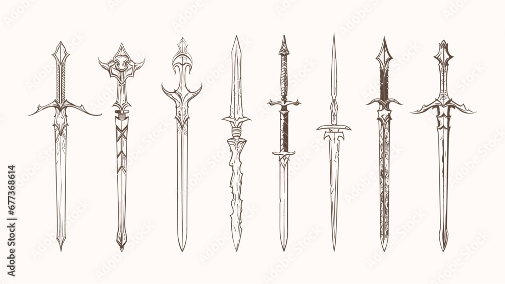 Medieval hand drawn knights swords. Decorative kingdom warrior weapon, sketch grunge sword vintage vector collection - obrazy, fototapety, plakaty 