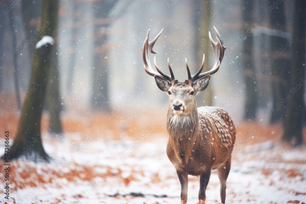 Male deer with antlers stand in forest in Winter with snow. Male deer with antlers stand in forest in Winter with snow.