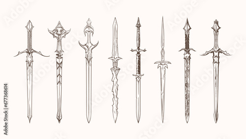 Medieval hand drawn knights swords. Decorative kingdom warrior weapon, sketch grunge sword vintage vector collection